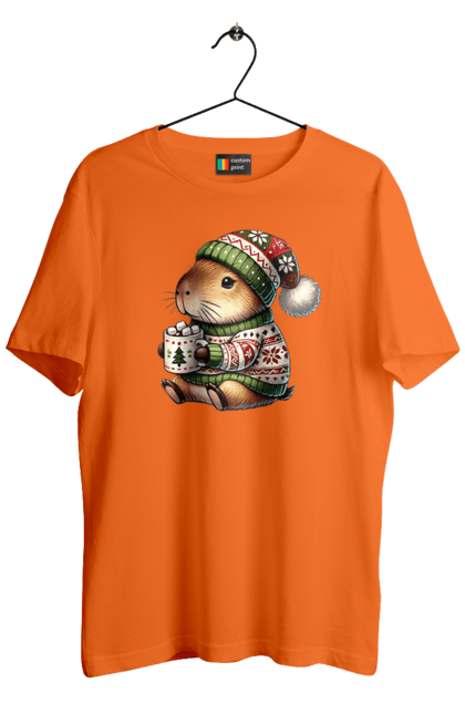 Men's t-shirt with prints Capybara with hot chocolate. Animal, capybara, christmas, christmas capybara, gift, holiday, hot chocolate, new year, santa. 2070702