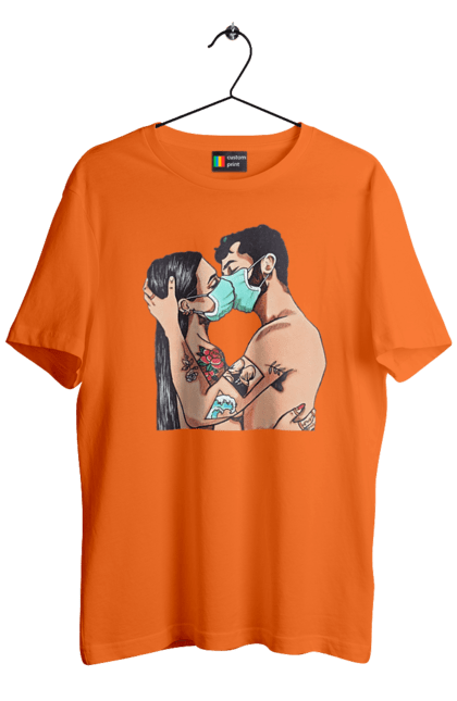 Men`s t-shirt with prints Coronavirus Love. Coronavirus, kiss, love, mask, quarantine. 2070702