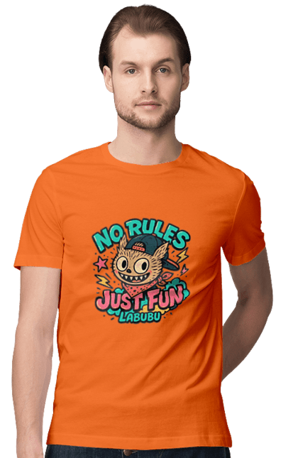 Футболка чоловіча з принтом "Лабубу". Norulesjustfun, y2k, бандана, вуличний стиль, грайливий, графіті, зухвалий, лабубу, ретромультяшка, яскраво. 2070702