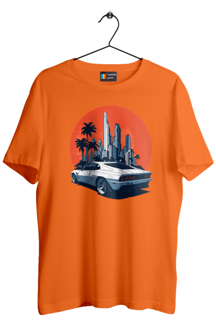 Футболка чоловіча з принтом "Авто". Гонка, захід сонця, спортивний автомобіль, швидкість. 2070702