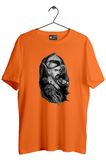 Футболка чоловіча з принтом "Козак". Вуса, квітки, козак, пістолет, справжній українець, чуб. 2070702