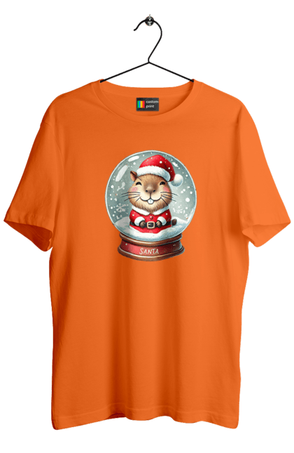 Men's t-shirt with prints Capybara in a snow globe. Animal, capybara, christmas, christmas capybara, gift, holiday, new year, new year`s gift, santa, snow globe. 2070702