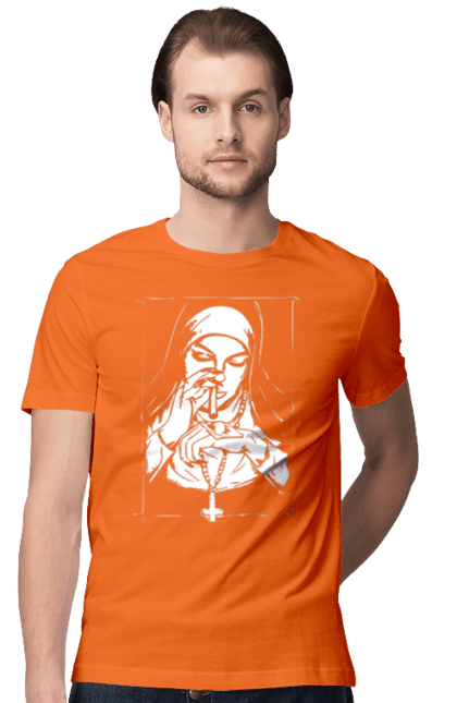 Футболка чоловіча з принтом "Монашка нюхає порошок". Крута, метал, модна, молодіжна, популярна, рок, хрест, черниця, черниця нюхає порошок. 2070702