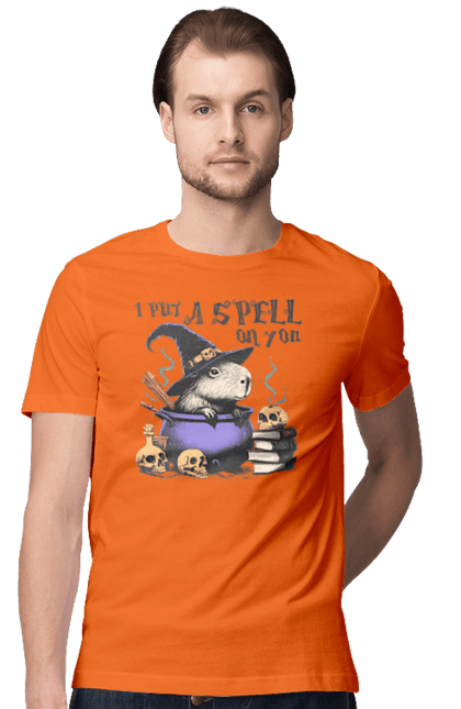 Men's t-shirt with prints Capybara Halloween. Animal, capybara, ghost, halloween, holiday, moon, pumpkin, rodent, witch. 2070702