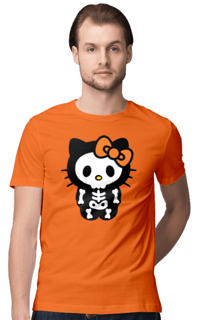 Футболка мужская с принтом Хелло Китти Хэллоуин. Halloween, hello kitty, zombie, бренд, зомби, котенок, персонаж, скелет, хелло китти, хэллоуин. 2070702