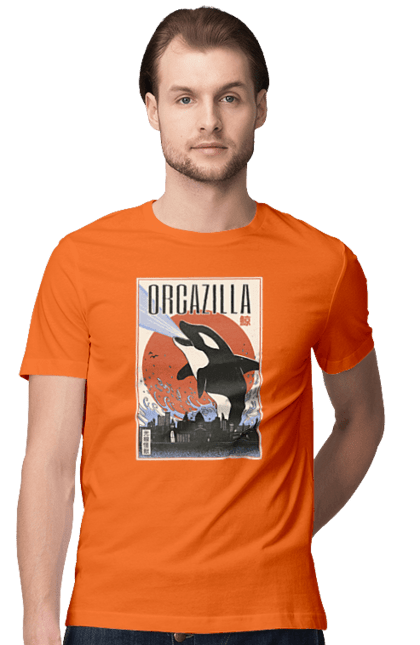 Men's t-shirt with prints Orcazilla. Cartoon style design, graphic, japan print, japanese, japanese art, japanese poster, japanese poster orca, ocean wildlife, orca, orcazilla. 2070702