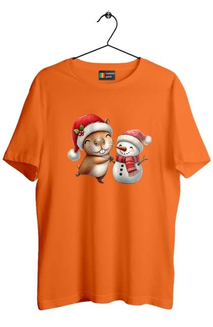 Men's t-shirt with prints Capybara and Snowman. Animal, capybara, christmas, christmas capybara, gift, holiday, new year, new year`s gift, santa, snowman. 2070702