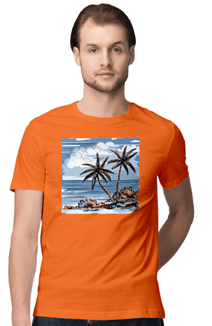 Футболка чоловіча з принтом "Пальми І Небо". Море, небо, пальми, хмари. 2070702