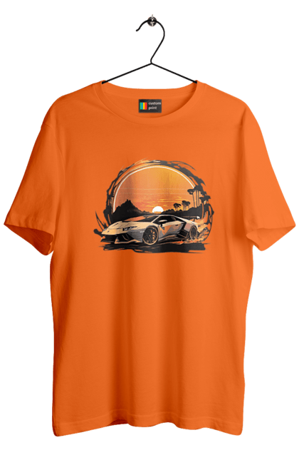 Men`s t-shirt with prints Lamborghini at sunset. Car, cars, lamba, lamborghini, lamborghini at sunset. 2070702