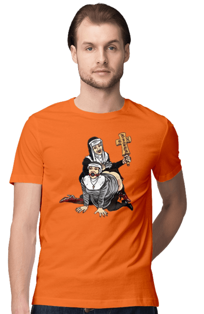 Футболка чоловіча з принтом "Монашки БДСМ". Бдсм, крута, модна, молодіжна, плескає по дупі, рок, рольові ігри, черниці бдсм, черницю, черниця. 2070702