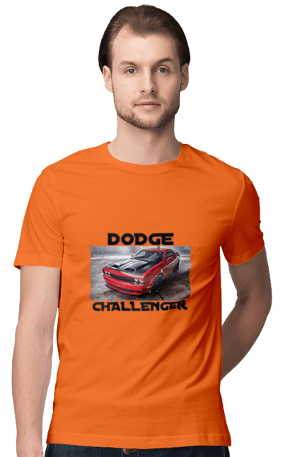 Men`s t-shirt with prints Dodge challenger. An american legend, auto, car, classic car, cult car, dodge challenger, oil car, powerful car. 2070702