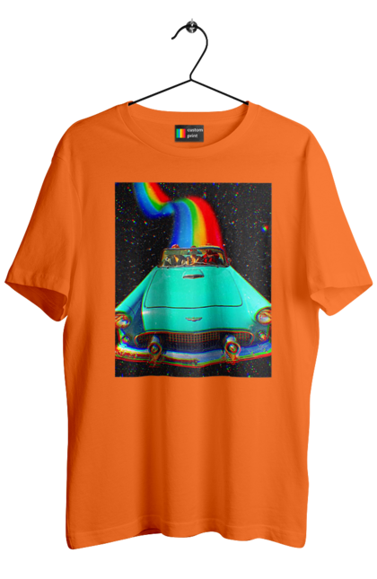 Футболка чоловіча з принтом "Картина, машина у космосі". Веселка, картина, космос, машина, подорожі, поїздка, прикол, ретро. 2070702