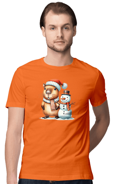 Men's t-shirt with prints Capybara and Snowman. Animal, capybara, christmas, christmas capybara, gift, holiday, new year, new year`s gift, santa, snowman. 2070702