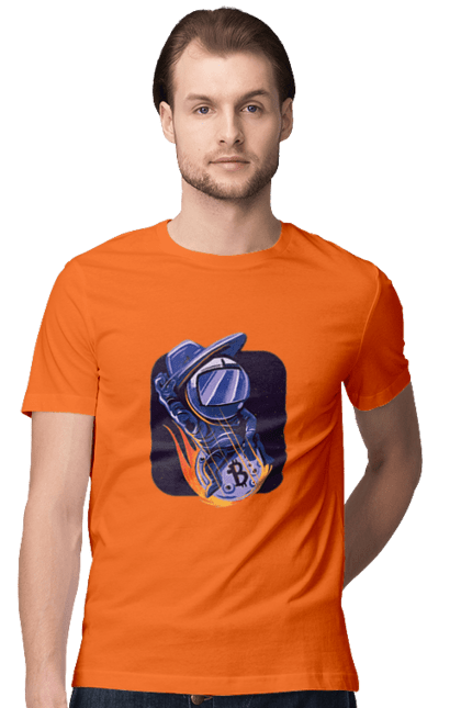 Футболка чоловіча з принтом "Космо біткоїн". Биткоин, бінарний, біткоїн, біткойн, валюта, гроші, крипто, програміст, хакер. 2070702