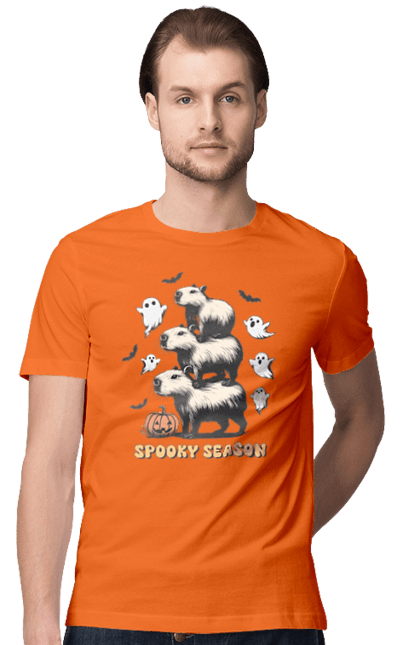 Men's t-shirt with prints Capybara Halloween. Animal, capybara, ghost, halloween, holiday, moon, pumpkin, rodent. 2070702