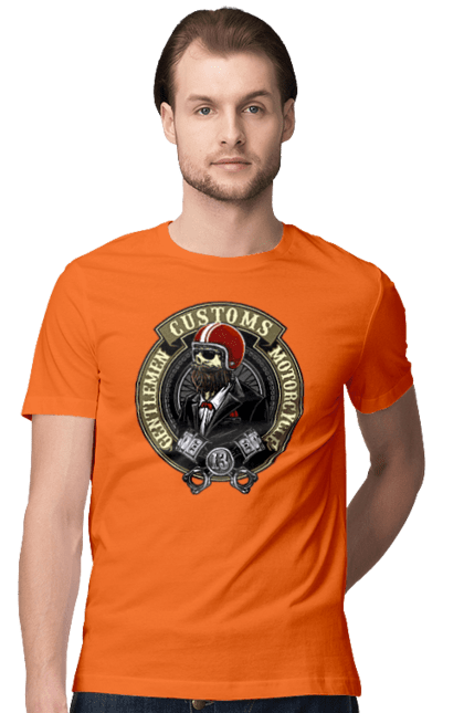 Men`s t-shirt with prints Gentlemen motorcycle. Gentleman, helmet, motorcycle, skull. 2070702