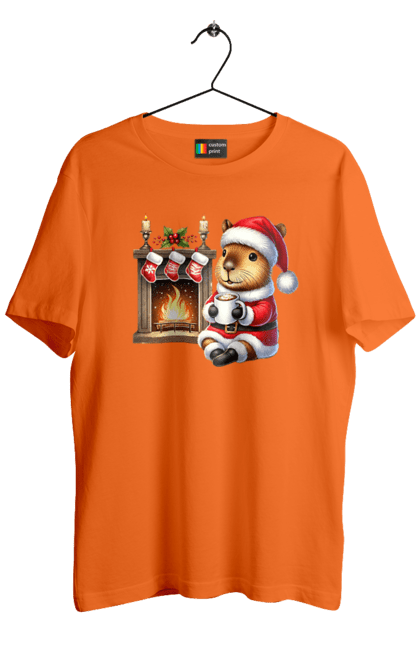 Men's t-shirt with prints Capybara by the fireplace with hot chocolate. Animal, capybara, christmas, christmas capybara, fireplace, gift, holiday, hot chocolate, new year, santa. 2070702