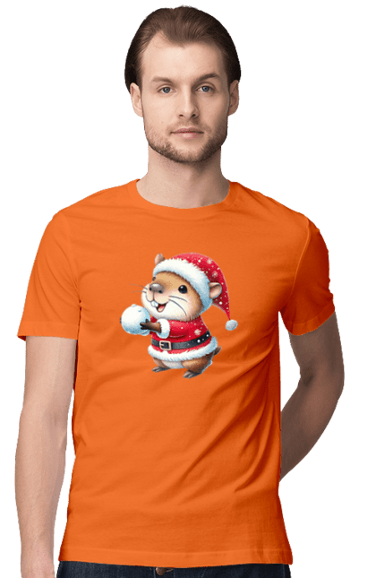 Men's t-shirt with prints Capybara playing snowballs. Animal, capybara, christmas, christmas capybara, game, gift, holiday, new year, santa, snowballs. 2070702