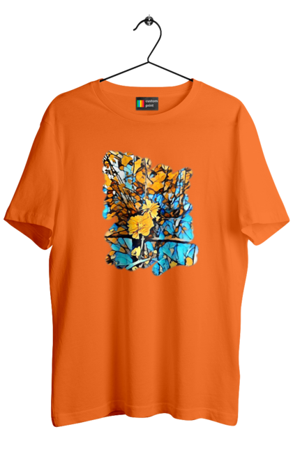 Футболка чоловіча з принтом "Жовті квіти на синьому фоні". Арт, жовтий та синій, жовті квіти, жовто-синій, квіти, малюнок, природа, синій та жовтий, синьо-жовтий. 2070702