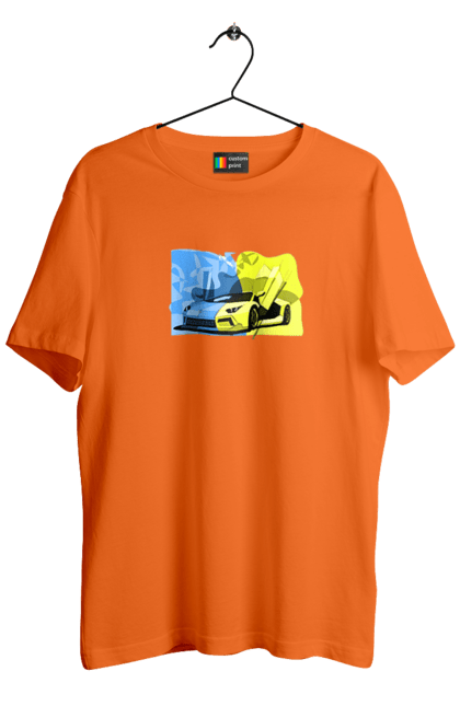 Men`s t-shirt with prints Ukrainian Lamborghini. Flag, lamborghini, machine, sports car, ukraine, yellow blue. 2070702