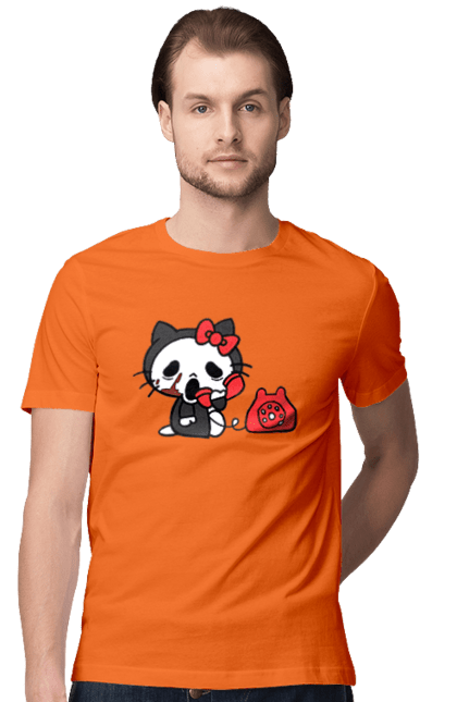 Футболка мужская с принтом Хелло Китти Хэллоуин. Halloween, hello kitty, бренд, кот, котенок, персонаж, хелло китти, хэллоуин. 2070702