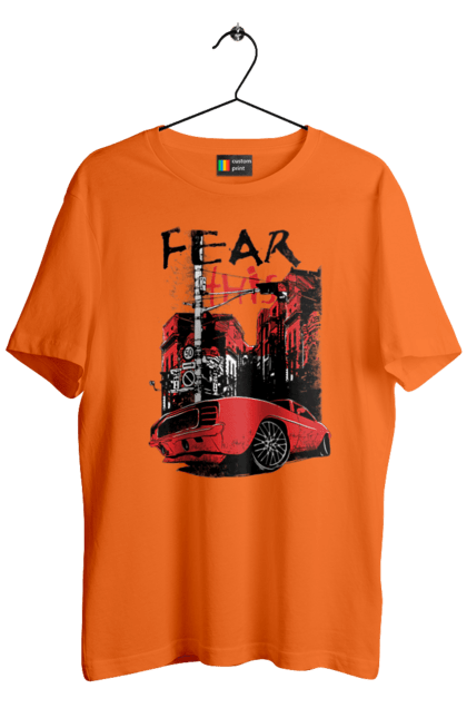 Футболка чоловіча з принтом "Червона Машина В Місті". Їзда, машина, місто. 2070702