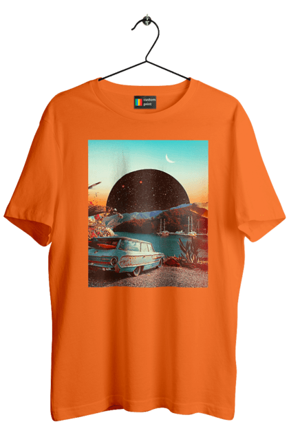 Футболка чоловіча з принтом "Картина, машина біля річки". Картина, машина, планета, прикол, ретро, річка. 2070702
