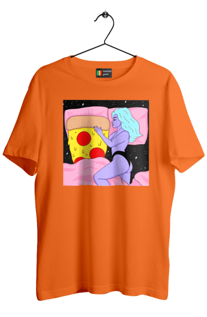 Футболка чоловіча з принтом "Фіолетова Дівчина І Піца". Дівчина, ліжко, піца. 2070702