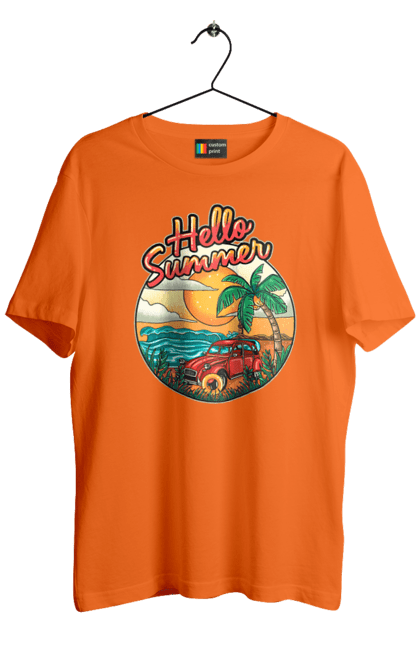 Футболка чоловіча з принтом "Привіт Літо, Машина Біля Моря". Літо, машина, острів, пальма, пляж. 2070702