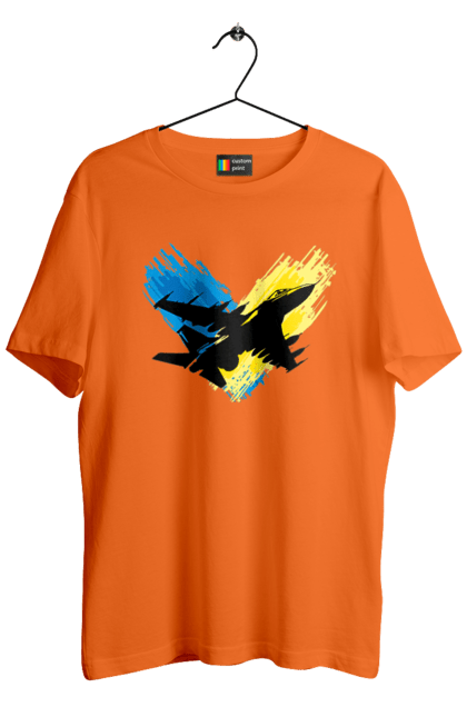 Футболка чоловіча з принтом "Літак F 16". З прапором, зсу, літак, літак f16, патріотична, прапор, ф16. 2070702