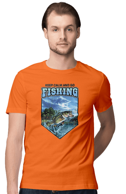 Футболка чоловіча з принтом "Keep Calm and Go Fishing". Відпочинок на природі, для рибалок, для чоловіків, мисливці та риболови, природа, рибалка, риболовля, спінінг, хоббі. 2070702