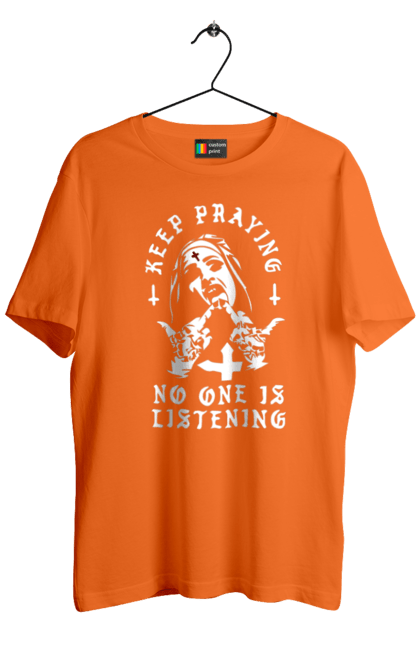 Футболка чоловіча з принтом "Монашка фак". Крута, метал, модна, молодіжна, ніхто не слухає, продовжуй молитися, рок, стильна, фак, черниця. 2070702