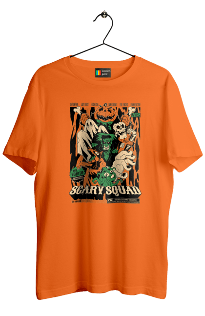 Men's t-shirt with prints Halloween Scary Squad. Costume, ghost, halloween, holiday, october, october 31, pumpkin, skeleton, sweets, trick or treat. 2070702