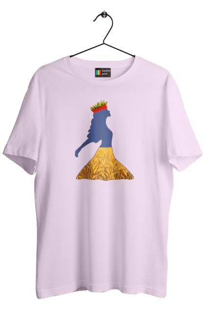 Men`s t-shirt with prints Ukraine. Girl, national colors, poppies, sky, wheat field, wreath, yellow blue. 2070702