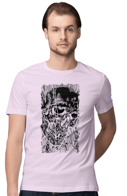 Men's t-shirt with prints Skull. Black and white, bones, eyes, scull, teeth, worms. 2070702