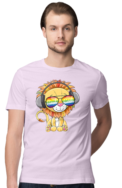 Men`s t-shirt with prints Lion In Glasses And Headphones. Glasses, headphones, lion cub. 2070702
