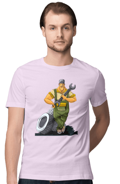 Футболка чоловіча з принтом "Автомайстер". Гайковий ключ, колеса, професія. 2070702