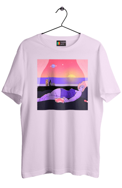 Футболка чоловіча з принтом "Фіолетова Дівчина На Відпочинку". Дівчина, захід, телефон. 2070702
