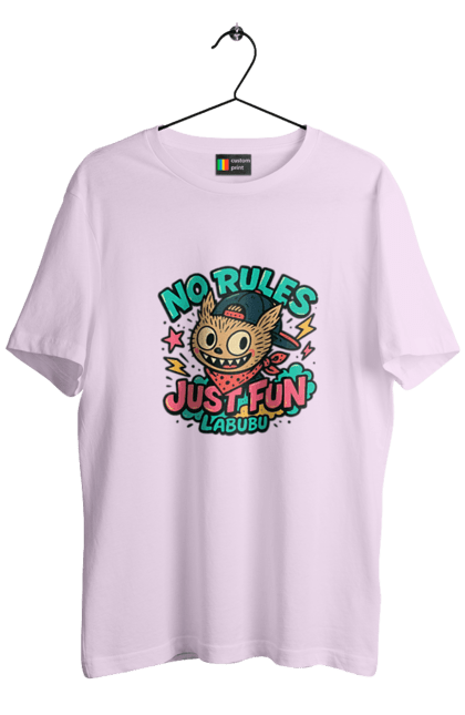 Футболка чоловіча з принтом "Лабубу". Norulesjustfun, y2k, бандана, вуличний стиль, грайливий, графіті, зухвалий, лабубу, ретромультяшка, яскраво. 2070702