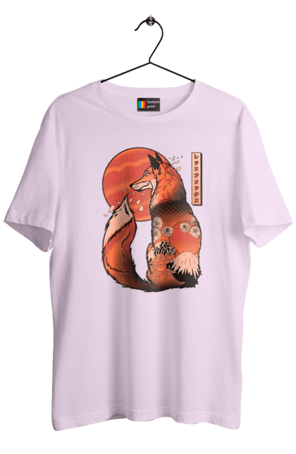 Men's t-shirt with prints Kitsune. Animal, cherry blossoms, flowers, fox, great wave, japan, japanese, kitsune, mount fuji, red fox. 2070702