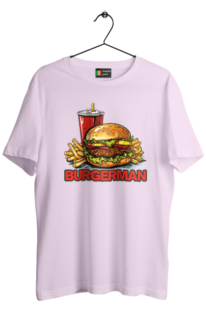 Футболка чоловіча з принтом "Burgerman". Бургер, для чоловіків, їжа, літні, макдональдс, прикольні, трендові, фаст фуд, чоловічі. 2070702