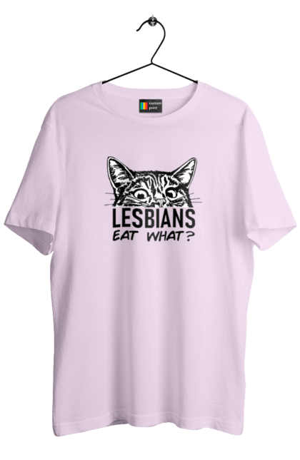 Футболка чоловіча з принтом "Lesbians eat what?". Гумор, котики, лгбт, лесбіянки, приколи, смішні написи. 2070702
