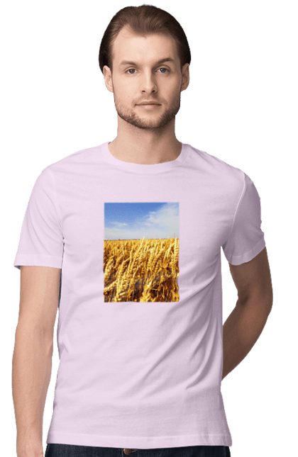 Men`s t-shirt with prints Ukraine. Beauty, blue, field, nature, sky, wheat. 2070702