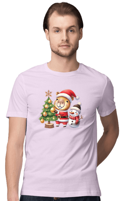 Men's t-shirt with prints Christmas Capybara with a Tree. Animal, capybara, christmas, christmas capybara, christmas tree, gift, holiday, new year, new year`s gift, santa. 2070702