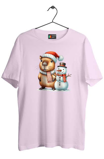 Men's t-shirt with prints Capybara and Snowman. Animal, capybara, christmas, christmas capybara, gift, holiday, new year, new year`s gift, santa, snowman. 2070702