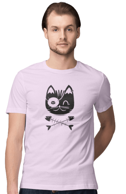 Футболка чоловіча з принтом "Кіт пірат". Кістки, кіт, крутий малюнок, милі рисунки, пірати, риба, тварини, череп. 2070702