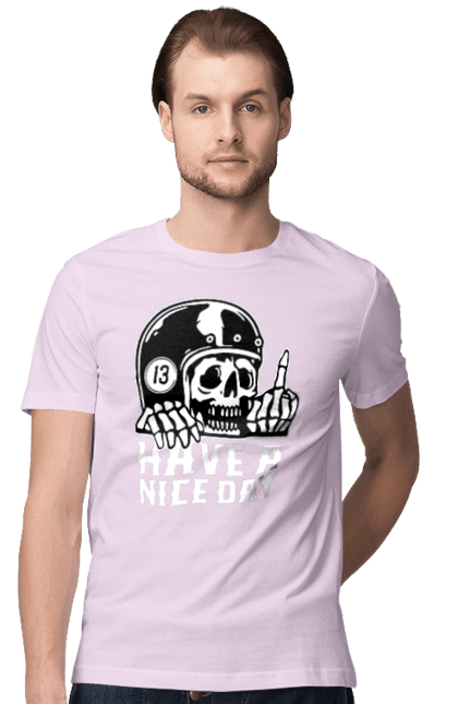 Футболка чоловіча з принтом "Гарного дня". Байкерська, гарного дня, з черепом, тринадцять, фак, череп. 2070702