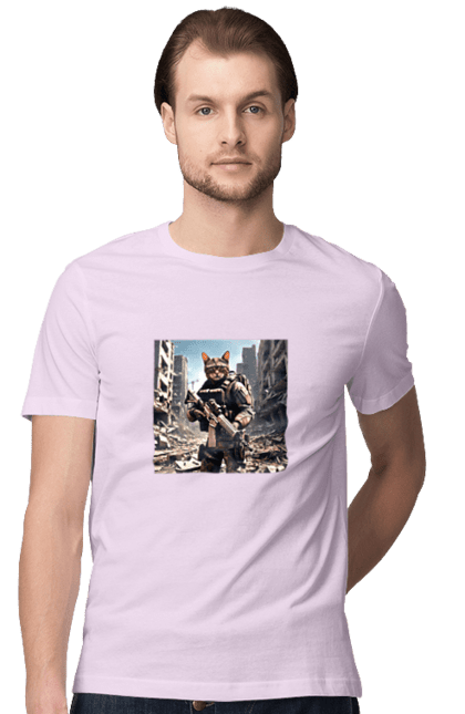 Футболка чоловіча з принтом "Кіт десантник". Бронежилет, війна, військовий, гвинтівка, захисник, камуфляж, кіт, рушниця. 2070702