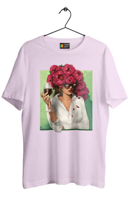 Футболка чоловіча з принтом "Дівчина з півоніями та келихом". Вино, дівчина, квітка, келих, літо, окуляри, півонії, сорочка. 2070702