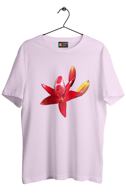 Men`s t-shirt with prints Red lily. Bright, bud, buds, color, flower, lily, nature, red, red flower, red lily, sunny. 2070702